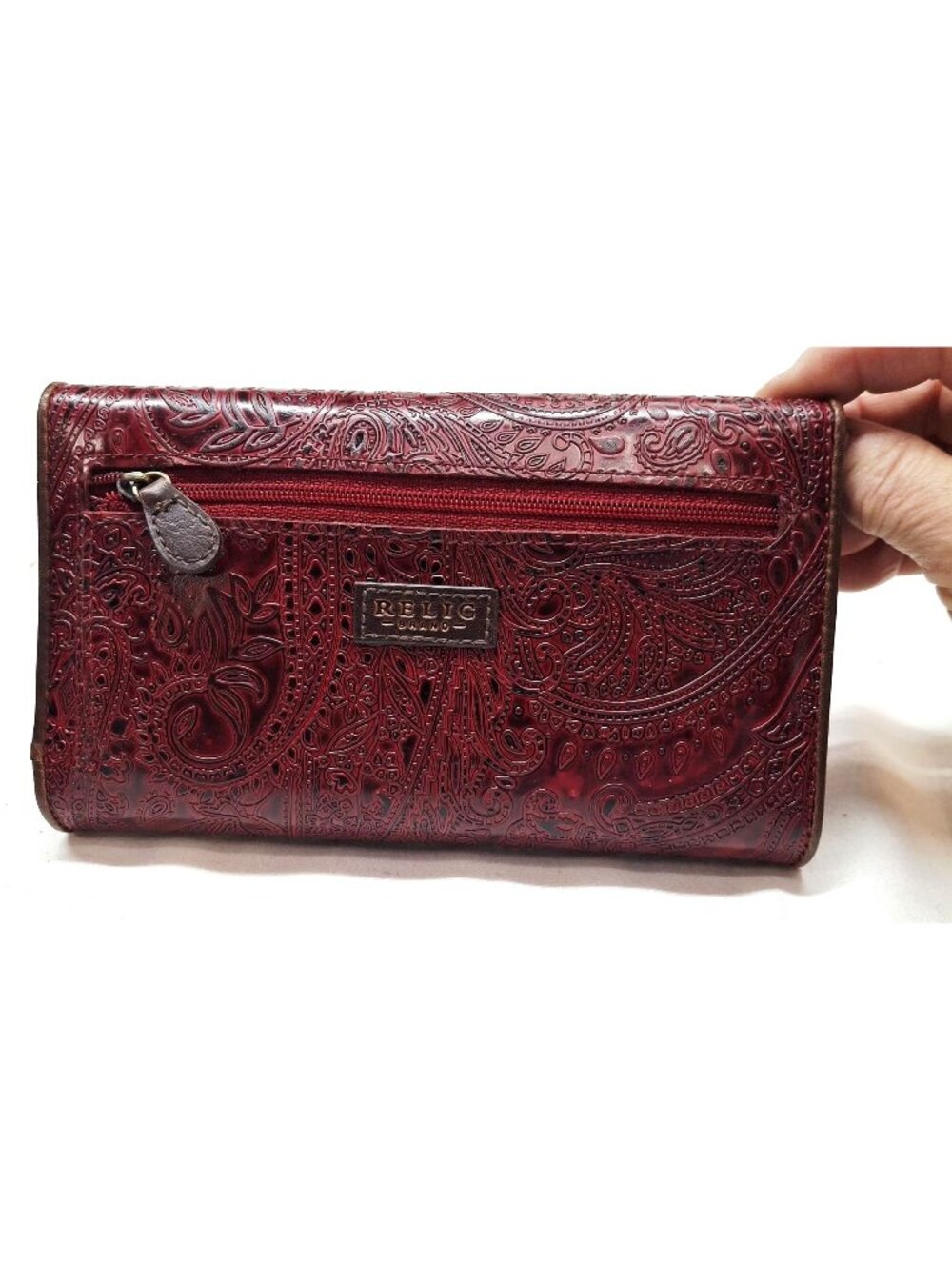NWOT Relic Trifold Wallet Embossed Paisley Faux Leather Burgundy/Red Snap Closur
